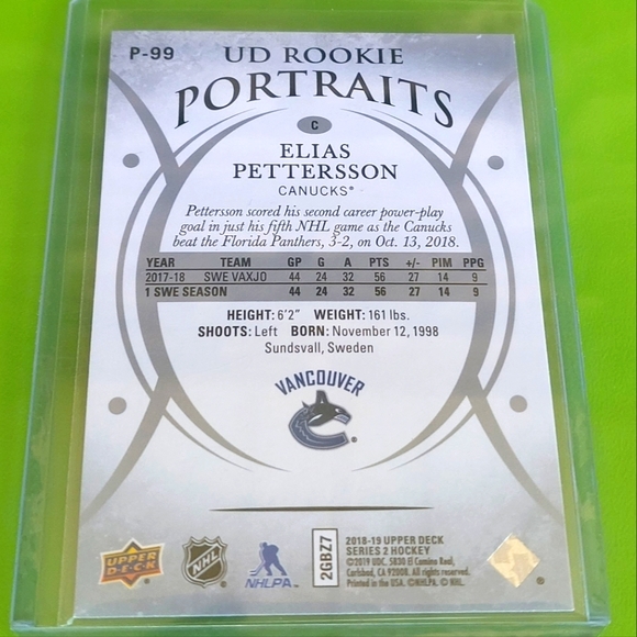 Elias Petterson UD Portraits Rookie Hockey Card Vancouver Canucks 2018/19 P-99 - Picture 2 of 2
